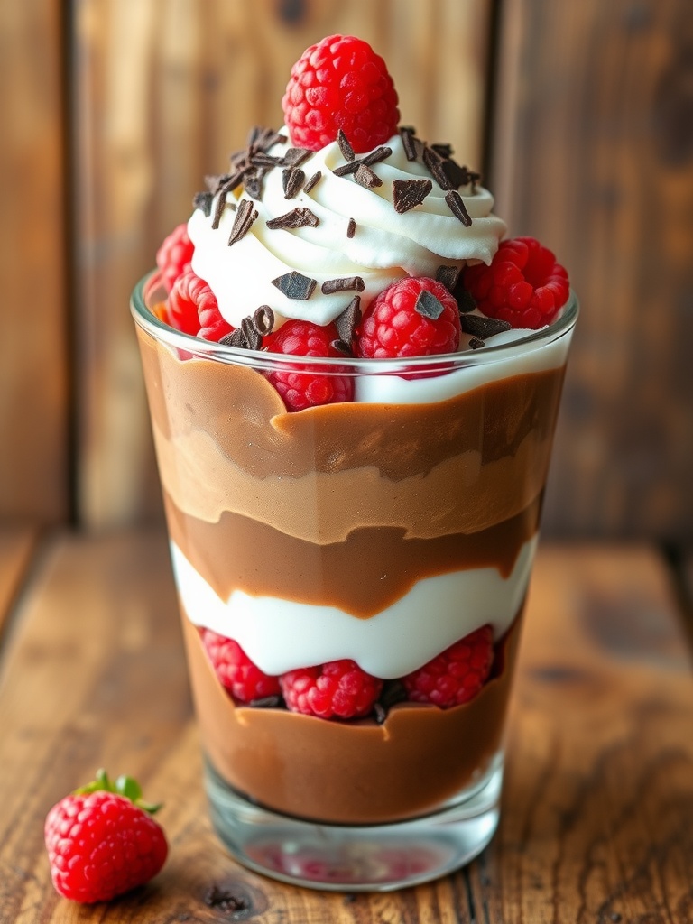 Decadent Chocolate Raspberry Parfaits A decadent chocolate raspberry parfait with layers of chocolate mousse, raspberries, and whipped cream in a glass.